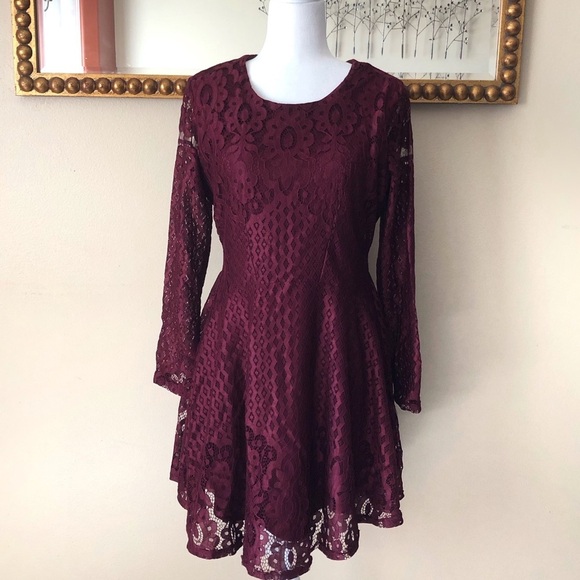 American Rag Burgundy Long Sleeve Lace Dress - Picture 1 of 7